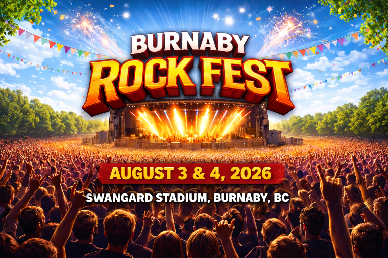 Burnaby Rock Fest 2026 live concert crowd at Swangard Stadium Burnaby BC with stage lights and thousands of fans at a classic rock music festival
