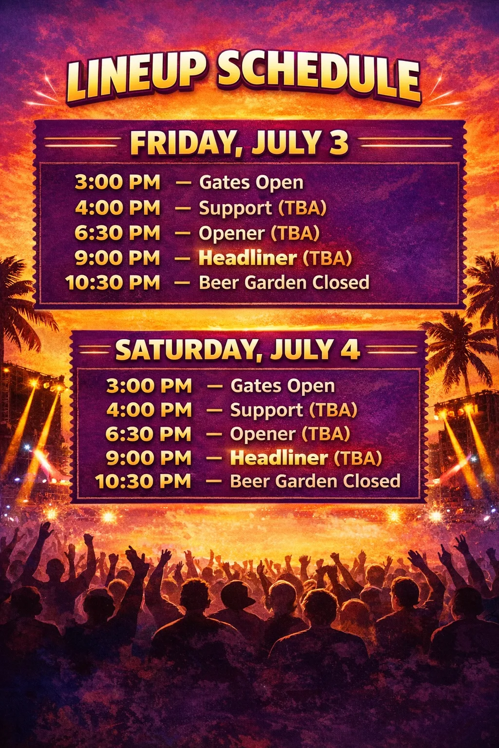 Burnaby Rock Festival lineup schedule showing Friday July 3 and Saturday July 4 performance times including gates opening at 3 PM and headliner at 9 PM.