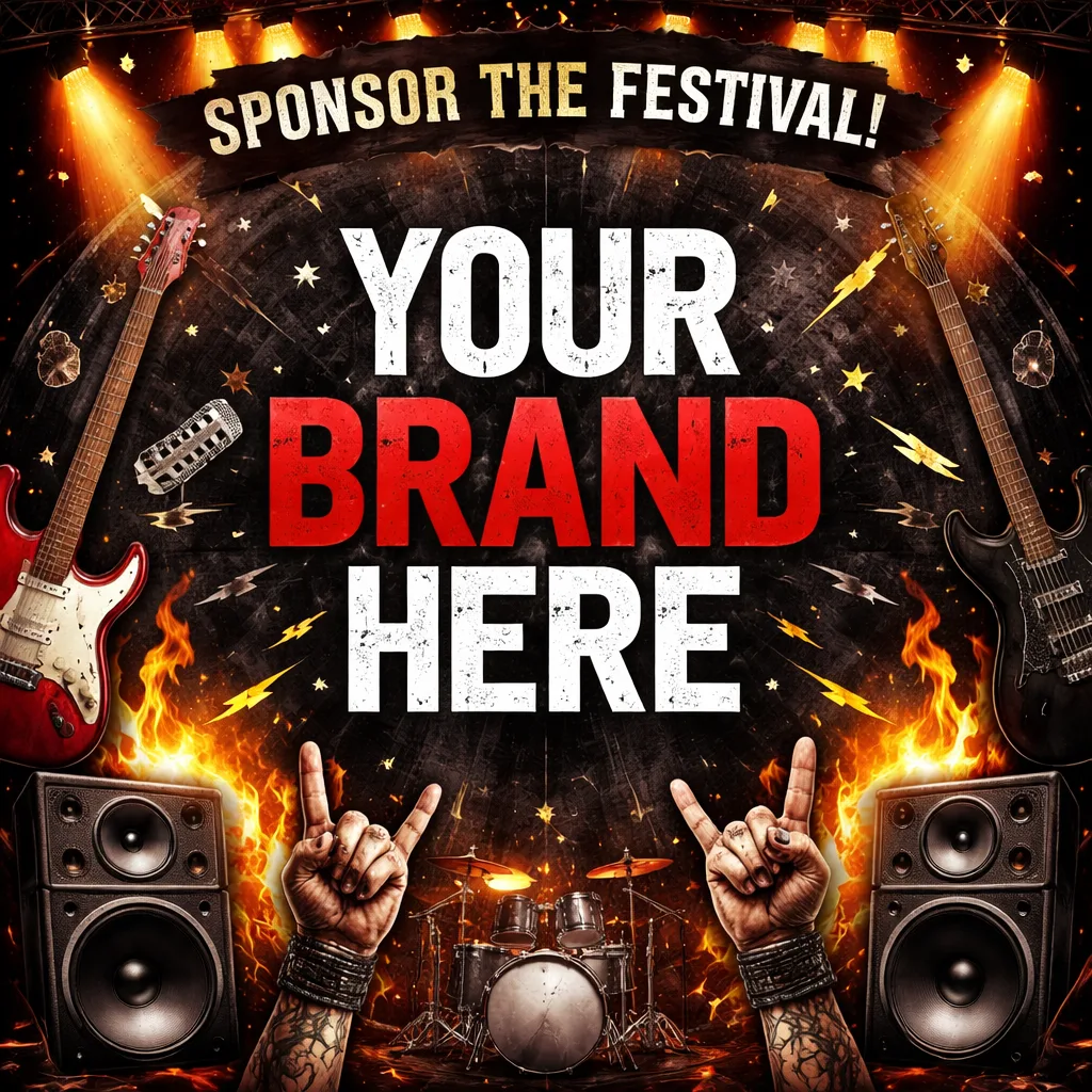 Rock festival sponsor advertising graphic showing “Your Brand Here” with guitars, stage lights and speakers promoting sponsorship opportunities.