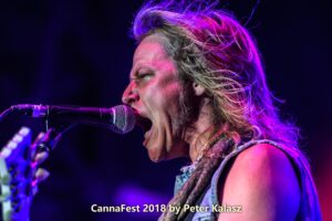 Jeremy Asbrock singing into a microphone during a live rock performance.